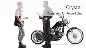  Presentation with female mechanic - PPT layouts enhanced with full-length-shot-of-motorcycle background and a white colored foreground