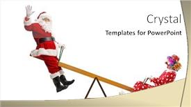  Presentation with seesaw - Theme featuring full length shot of santa waving and playing on a seesaw with a clown isolated on white background background and a white colored foreground