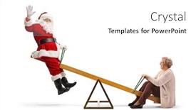  Presentation with seesaw - Presentation theme enhanced with full length shot of santa claus waving and playing on a seesaw with a happy senior woman isolated on white background background and a white colored foreground