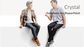  Presentation with shot - Presentation design enhanced with full length shot of two young men sitting on a panel and talking isolated on white background background and a lemonade colored foreground