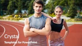  Presentation with athletics - Presentation theme featuring full length shot of young man and woman standing on athletics race track at the stadium background and a coral colored foreground