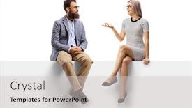  Presentation with lens flare on white - Colorful slide set enhanced with full length shot of a young woman having a conversation with a bearded man while sitting on a panel isolated on white background backdrop and a light gray colored foreground