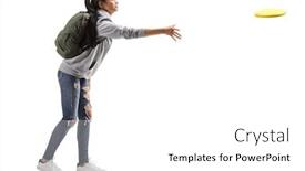  Presentation with shot - Audience pleasing PPT theme consisting of full length shot of a female student throwing a plastic disc solated on white background backdrop and a white colored foreground