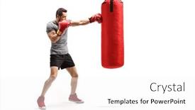 Presentation with shot - Amazing PPT theme having full length shot of a man punching a bag with boxing gloves isolated on white background backdrop and a white colored foreground