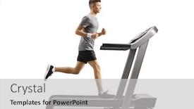  Presentation with running treadmill - Presentation featuring full length shot of a young guy running on a professional treadmill isolated on white background background and a light gray colored foreground