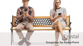  Presentation with smartphones - Amazing slide set having full length shot of a senior man and a young lady sitting on a bench with smartphones isolated on white background backdrop and a light gray colored foreground