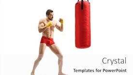  Presentation with kickboxing - Presentation design enhanced with full length shot of a muscular young man exercising kickboxing with a punching bag isolated on white background background and a white colored foreground
