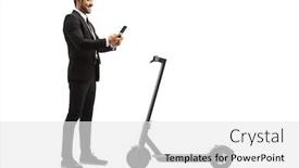  Presentation with mobile application - Colorful slide set enhanced with full length shot of a businessman renting an electric scooter with a mobile phone application isolated on white background backdrop and a white colored foreground