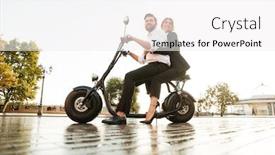  Presentation with motorbike - Presentation theme enhanced with full length side view image of joyful business couple rides on modern motorbike in park and looking away background and a white colored foreground