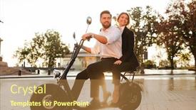  Presentation with rides - Audience pleasing presentation theme consisting of full length side view image of happy business couple rides on modern motorbike in park and looking away backdrop and a tawny brown colored foreground