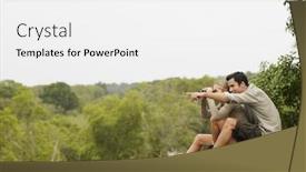  Presentation with healthy workplace full length side view - PPT theme featuring full length side view of a young man pointing towards view by woman on rock with binoculars background and a white colored foreground