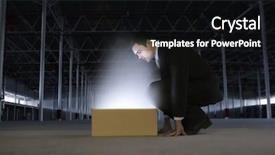  Presentation with warehouse - PPT layouts enhanced with full length side view of businessman looking at glowing box in empty warehouse background and a black colored foreground