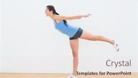  Presentation with fitness - PPT theme featuring full length side view of a young woman standing on one leg in fitness center background and a lemonade colored foreground