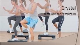  Presentation with exercise class - Cool new slide deck with full length side view of fitness class performing step aerobics exercise in gym backdrop and a mint green colored foreground