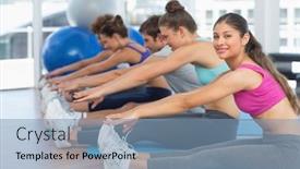  Presentation with sporty - Colorful presentation design enhanced with full length side view of sporty young people stretching hands to legs in fitness studio backdrop and a teal colored foreground