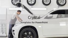  Presentation with mechanic shop - Beautiful presentation theme featuring full length side view of male mechanic examining car engine in repair shop backdrop and a light gray colored foreground