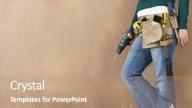  Presentation with drill - PPT theme featuring full length side view of a young woman with toolbelt and drill leaning against wall background and a coral colored foreground