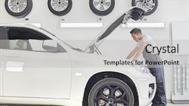  Presentation with mechanic shop - Cool new slides with full length side view of male mechanic examining car engine in repair shop backdrop and a light gray colored foreground