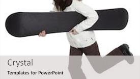  Presentation with snowboard - Colorful presentation theme enhanced with full length studio photo of attractive woman holding snowboard isolated on white backdrop and a light gray colored foreground