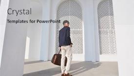  Presentation with full length portrait two men women brown sweater - Presentation design consisting of full-length-young-handsome-man background and a light gray colored foreground