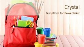  Presentation with colourful wood - Colorful PPT theme enhanced with full of stationery red backpack backdrop and a  colored foreground