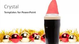  Presentation with ale - Amazing slide deck having full pint glass of dark beer or stout ale with santa claus or christmas red hat and christmas baubles on white background backdrop and a white colored foreground