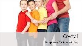  Presentation with young children - Presentation featuring full portrait of happy young family with three children standing together in line - isolated on white background background and a light gray colored foreground