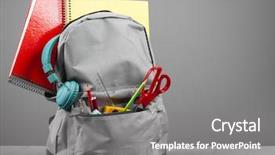 Presentation with backpack - Colorful PPT theme enhanced with full school backpack on grey backdrop and a gray colored foreground