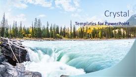  Presentation with cold water - Presentation theme consisting of full-water bubbling waterfall of athabasca the concept of extreme and ecological tourism clear autumn evening in canada cold blue water at sunset background and a sky blue colored foreground
