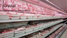  Presentation with products supermarket - Audience pleasing slide set consisting of fully loaded shelves with meat backdrop and a coral colored foreground