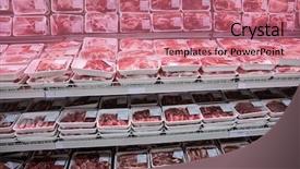  Presentation with products supermarket - PPT theme having fully loaded shelves with meat background and a coral colored foreground