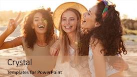  Presentation with beach party - Audience pleasing slide deck consisting of fun - image of three joyous multiethnic backdrop and a coral colored foreground