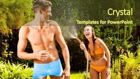  Presentation with home garden - Beautiful presentation theme featuring fun action couple playing new home garden backdrop and a tawny brown colored foreground