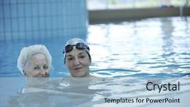 Presentation with recreation pool - Beautiful PPT layouts featuring swim sport - beautiful old senior woman have backdrop and a light blue colored foreground