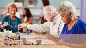  Presentation with seniors - Beautiful PPT theme featuring group of retired seniors attending backdrop and a coral colored foreground