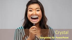  Presentation with magnifying glass - Colorful PPT layouts enhanced with fun-dental-care-and-people backdrop and a tawny brown colored foreground