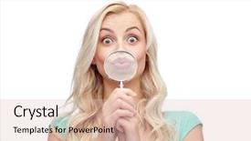  Presentation with emotions - Amazing slide deck having fun emotions expressions and people concept - happy smiling young woman or teenage girl having fun with magnifying glass backdrop and a lemonade colored foreground