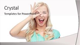  Presentation with emotions - Amazing PPT layouts having fun emotions expressions and people concept - smiling young woman or teenage girl making ok hand gesture backdrop and a sky blue colored foreground