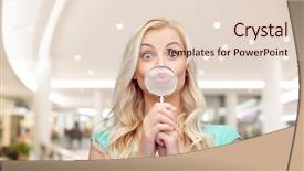  Presentation with people mall - Theme with fun emotions expressions and people concept - happy smiling young woman or teenage girl having fun with magnifying glass over mall or shopping center background background and a lemonade colored foreground