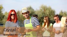  Presentation with barbecue - Theme featuring fun family events - young friends having barbecue party background and a coral colored foreground