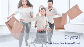  Presentation with family shopping - Beautiful slide deck featuring fun family with shopping bags and shopping cart backdrop and a sky blue colored foreground