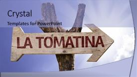  Presentation with wooden - Colorful PPT theme enhanced with fun fest - la tomatina wooden sign backdrop and a light blue colored foreground