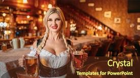  Presentation with waitress - Theme with fun fest - sexy waitress holds two mugs background and a tawny brown colored foreground