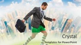  Presentation with football plays - PPT theme with fun games - businessman with suitcase in sportwear background and a soft green colored foreground
