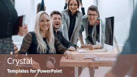  Presentation with employees - Colorful slide deck enhanced with fun-group-of-young-employees backdrop and a coral colored foreground