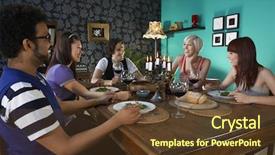 Presentation with dinner party - Audience pleasing presentation theme consisting of fun house - group of multiethnic friends enjoying backdrop and a tawny brown colored foreground