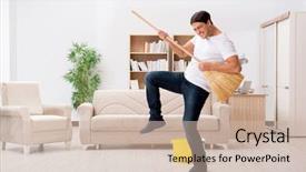  Presentation with cleaning - Audience pleasing theme consisting of fun house - man cleaning home with broom backdrop and a soft green colored foreground