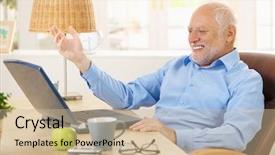  Presentation with uae old man - Beautiful PPT theme featuring fun internet - laughing old man using laptop backdrop and a  colored foreground