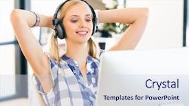  Presentation with headphones - Colorful presentation theme enhanced with fun music - young woman working in office backdrop and a sky blue colored foreground
