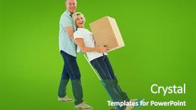  Presentation with green moving - Slide deck consisting of fun older couple holding moving boxes against green vignette background and a tawny brown colored foreground